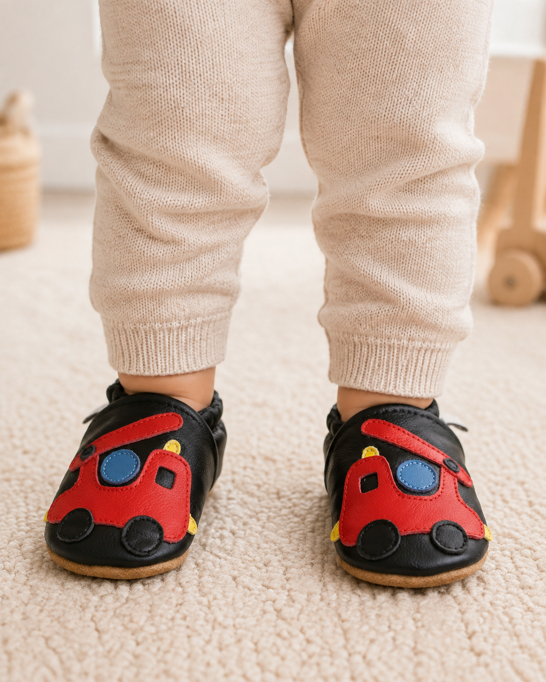 Soft Leather Baby Shoes Fire Engine
