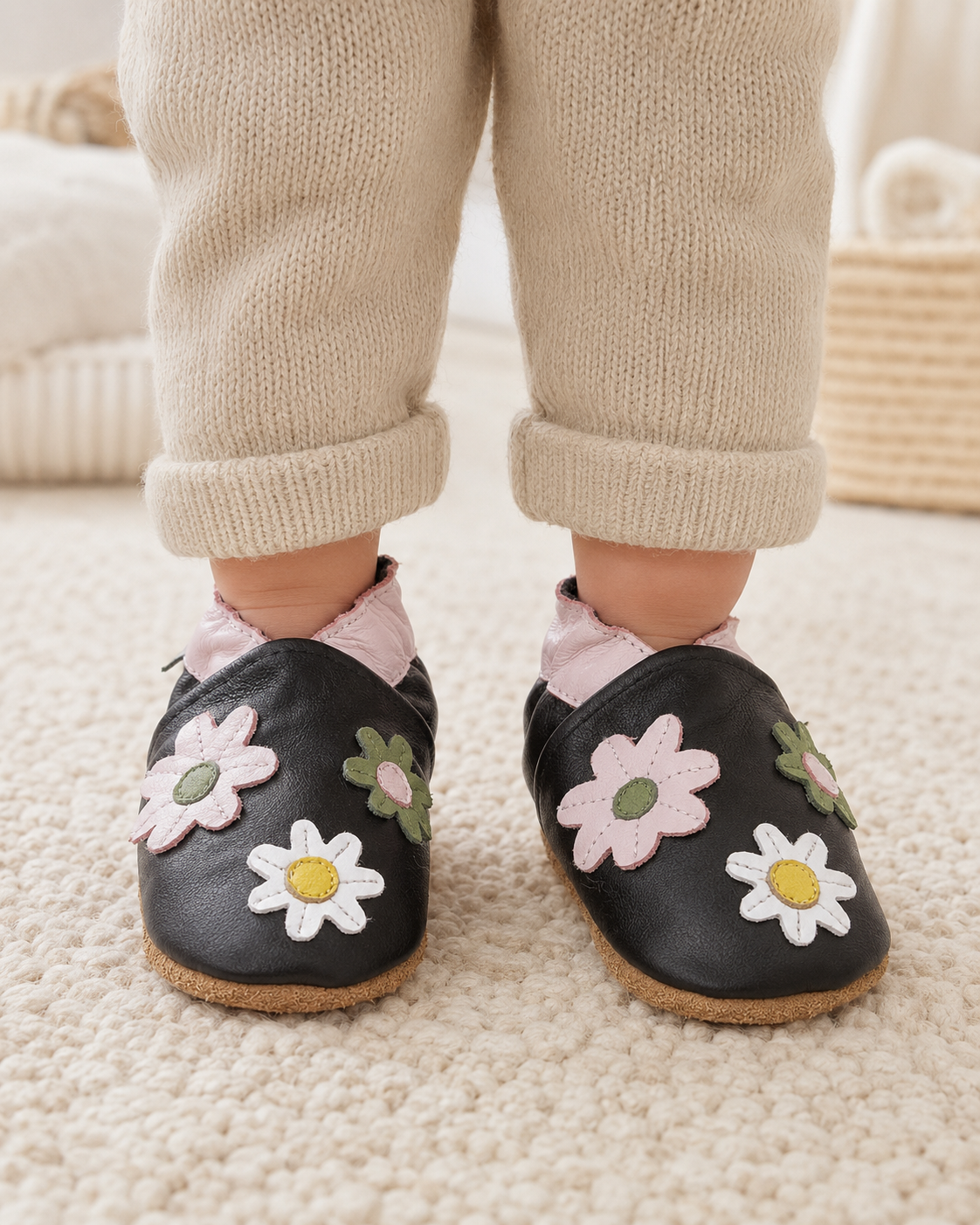 Soft Leather Baby Shoes Little Flowers Black