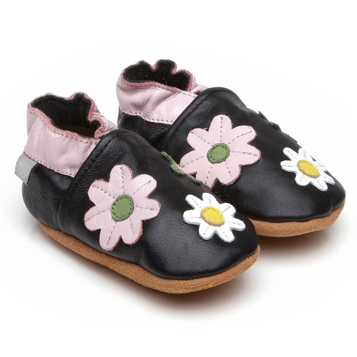 Soft Leather Baby Shoes Little Flowers Black